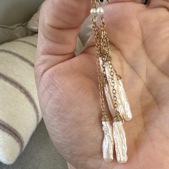 Baroque Freshwater Pearl Cascade Drop Earrings | Gold Tone | Boho Bridal - Picture 2 of 11